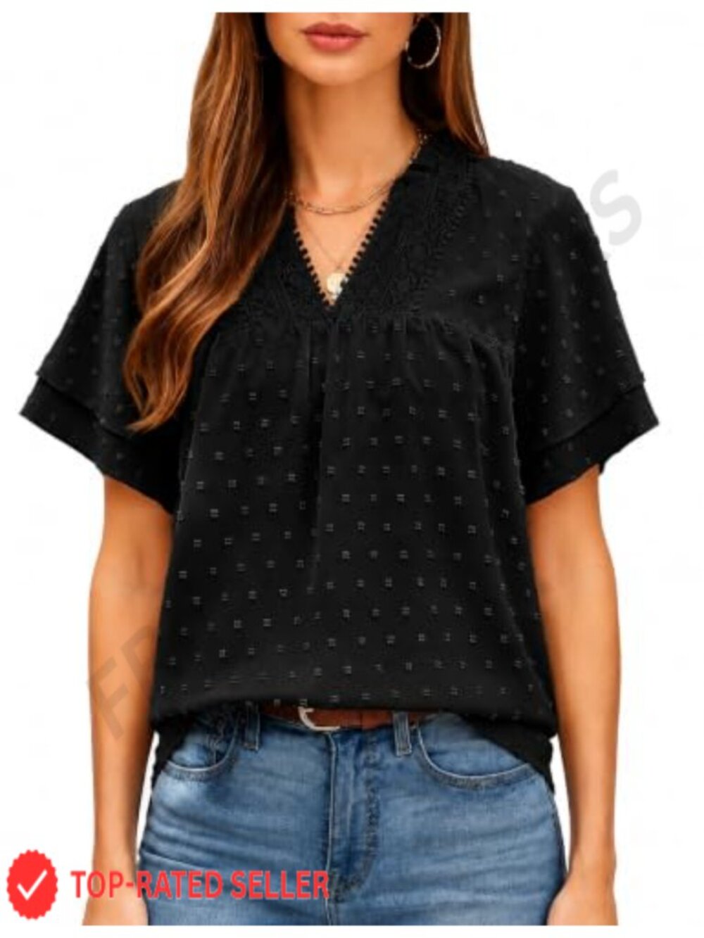 Memorose Womens Boho Peasant Top Crochet Swiss Dot Flowy Blouse